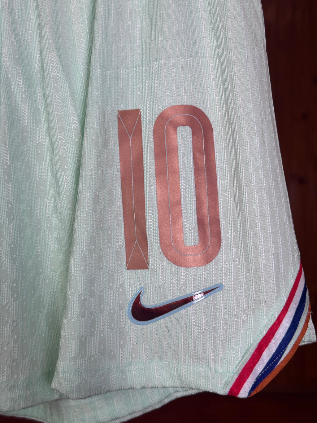 Short Francia FFF Nike Player Version - Detalle dorsal 10 Mbappé rose gold y Swoosh