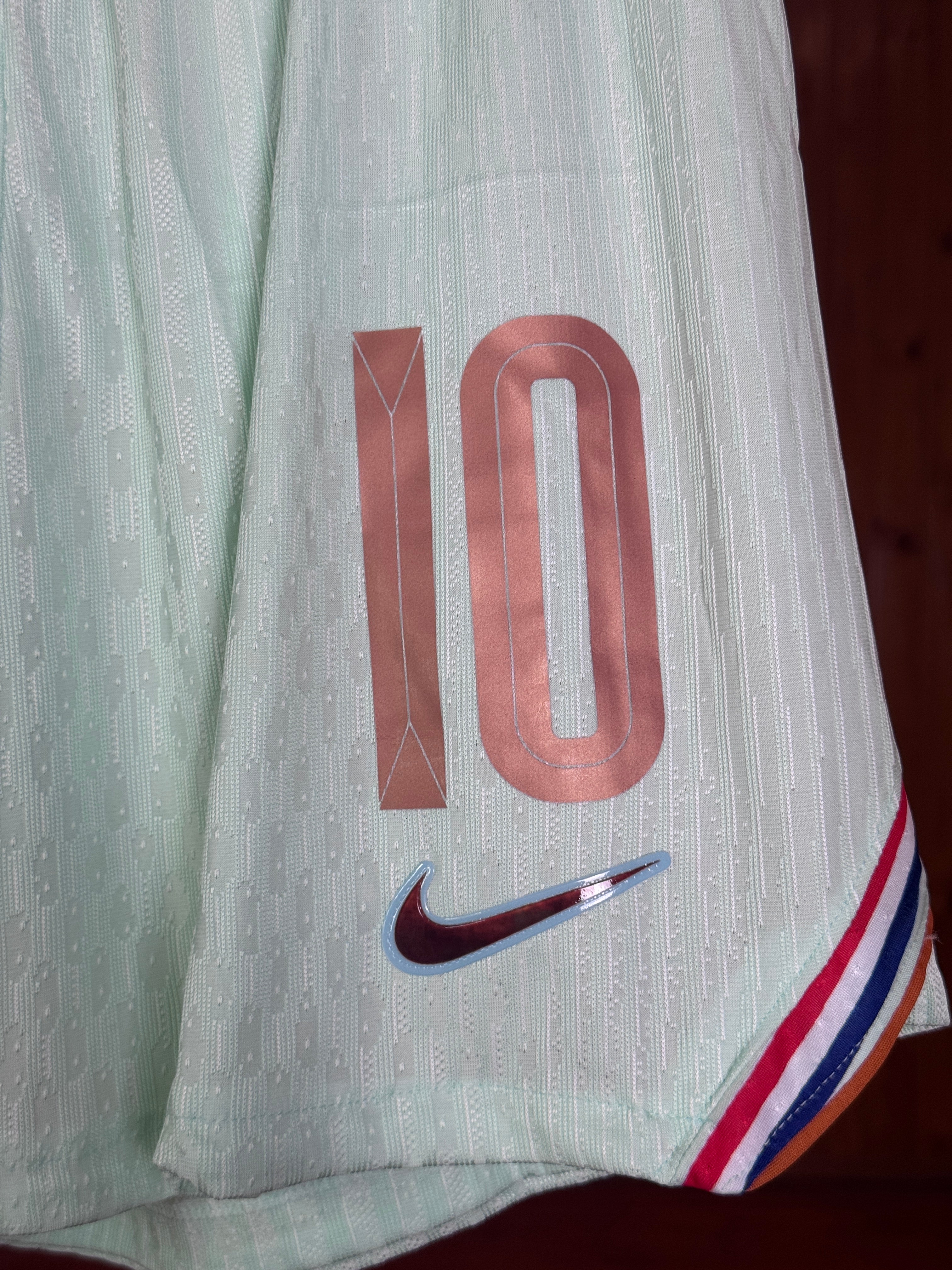 Short Francia FFF Nike Player Version - Detalle dorsal 10 Mbappé rose gold y Swoosh